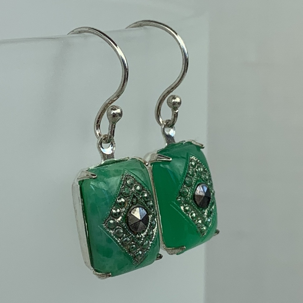 Vintage Antique 1920s Art Deco Green Glass Marcasite Stones Dangle Drop Earrings - Picture 5 of 6